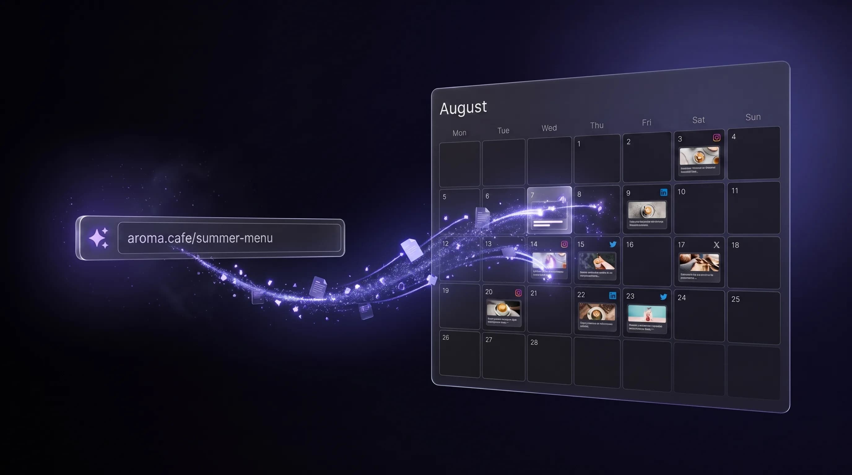 A website URL being transformed by AI into a full month of scheduled posts on the calendar