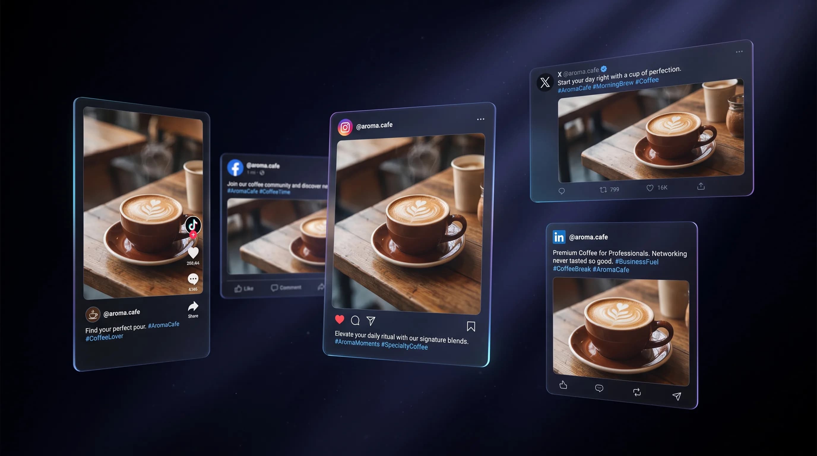 The same post previewed at native dimensions on TikTok, Facebook, Instagram, X and LinkedIn