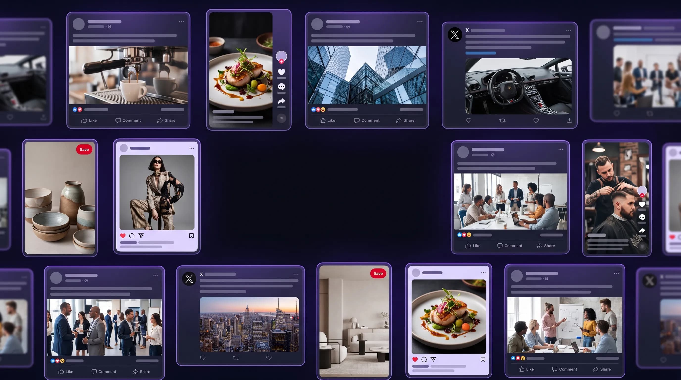 A wall of social post cards for different businesses and platforms, created with SocialRoute